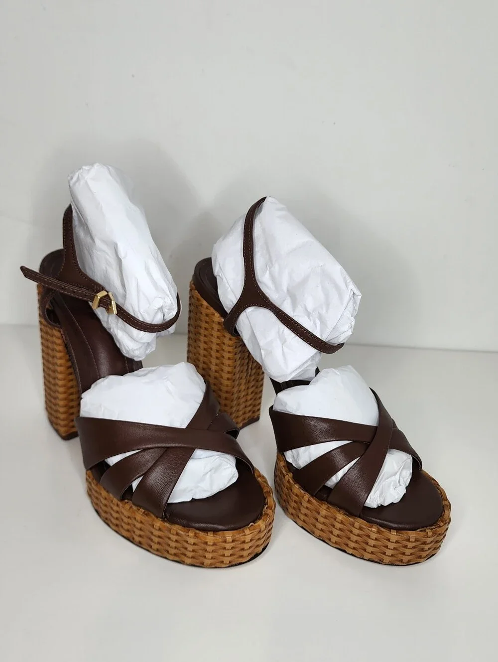 SCHUTZ Keefa Brown Leather Woven-Platform Heel Sandal Size 9.5